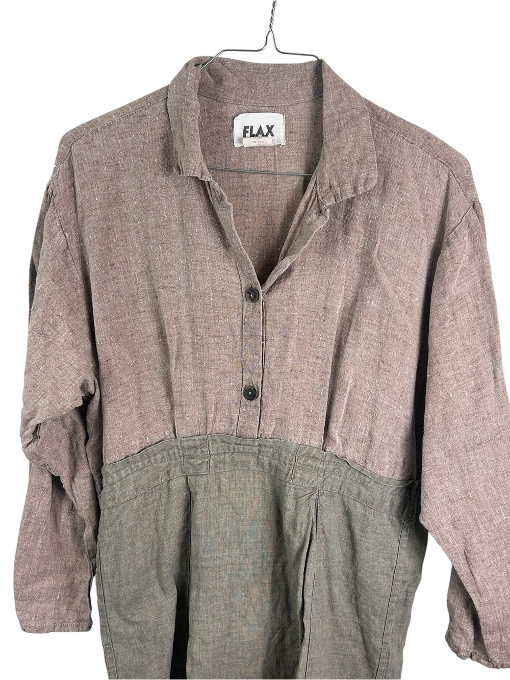 FLAX Two-Tone Linen Tunic Dress in tan and Olive - Picture 2 of 5